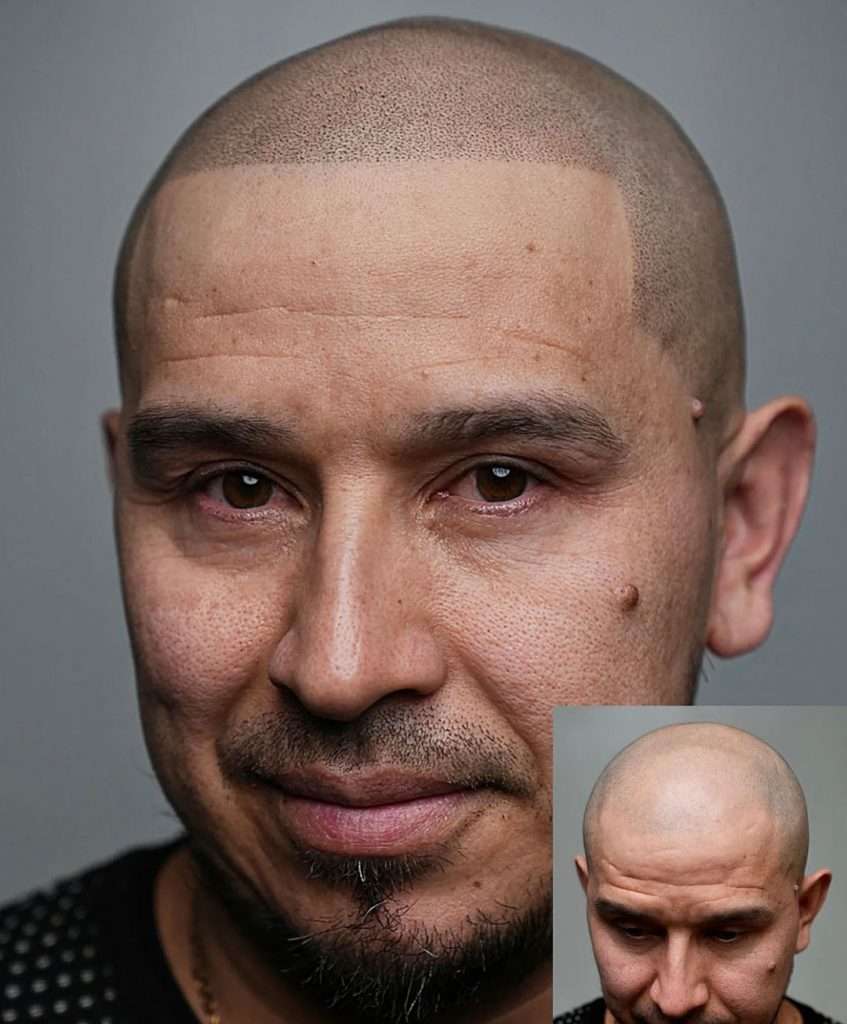 Before and after scalp micropigmentation (smp) showing restored hairline and natural density at scalp and brows nj.
